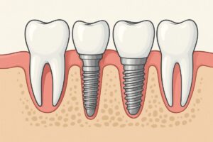 Image of a dentist smiling and pointing to a digital scan of a patient's mouth with All-on-4 dental implants. Text on the image says "All-On-4 Dental Implants: A Permanent Solution".