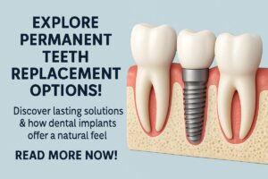Image depicting several options for permanent teeth replacement, including dentures, bridges, and implants. No text on image.