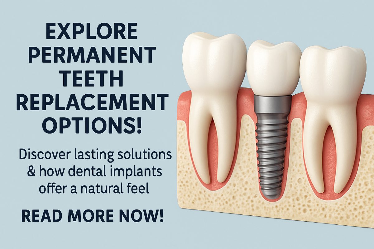 Image depicting several options for permanent teeth replacement, including dentures, bridges, and implants. No text on image.