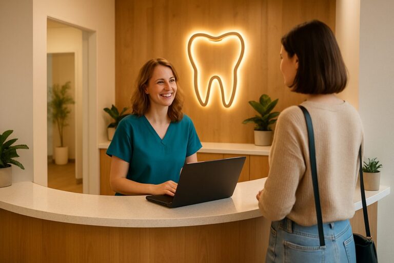 A warm and inviting dental office reception area with a friendly receptionist greeting a new patient. No text on the image.