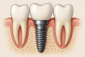 Illustration showcasing the different kinds of dental implants: endosteal, zygomatic, subperiosteal, and All-on-X. Include a brief description of each type below the illustration. No text on image.