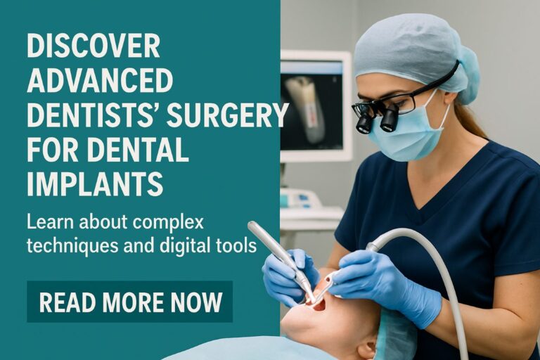 Image of a dental surgeon in an operating room using advanced technology during a dental implant surgery, highlighting precision and care. No text on image.