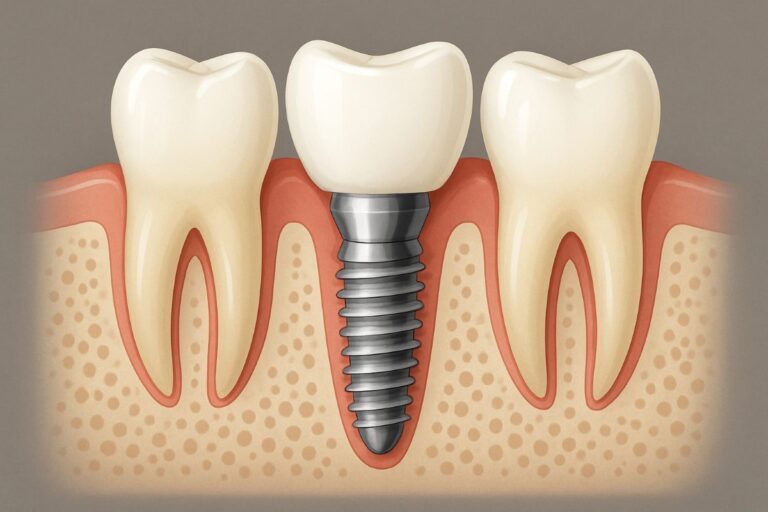 A modern dental office featuring a dentist consulting with a patient about dental implant options, with digital scans and models visible in the background. No text on the image.