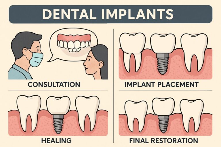 Image of a side view of a patient's mouth highlighting the process of dental implants with a visible implant post, abutment, and crown. The image should have labels or arrows indicating each stage of the implant process. No text on image.