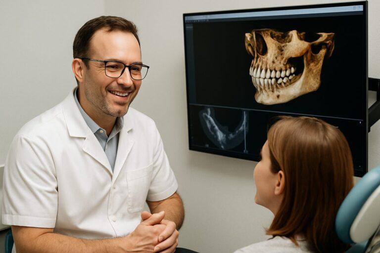 A friendly dentist in Concord, OH, is consulting with a patient while reviewing a digital CT scan on a large monitor, showing detailed 3D images of the patient's jawbone. No text on image.