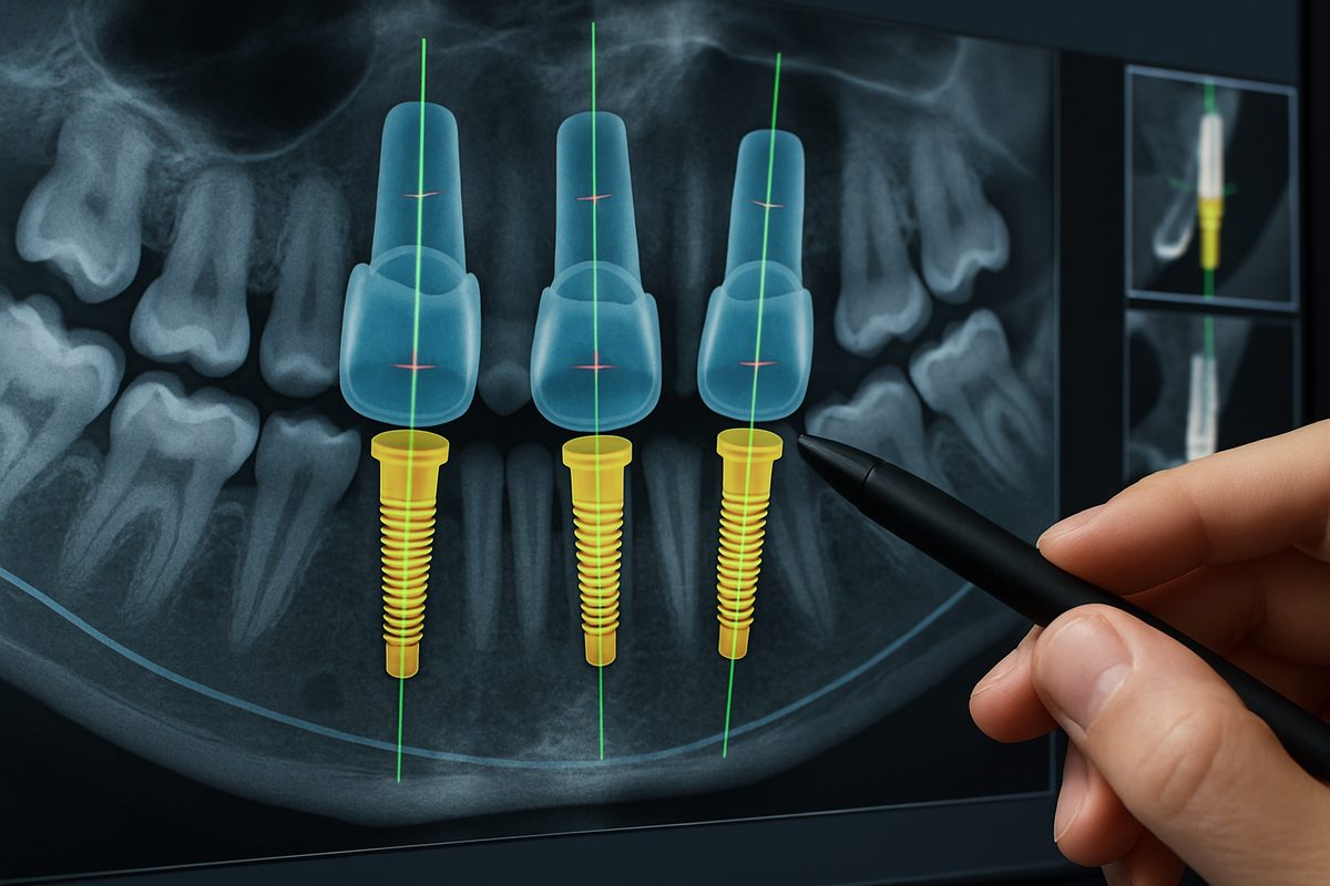 Close-up image of dental implants being digitally planned on a computer screen, showcasing the precision and technology involved in modern implant dentistry. No text on the image.