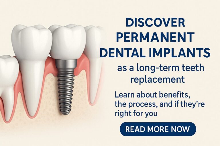 A dentist is explaining the benefits of permanent dental implants to a patient, using a model of a jaw with implants in place to illustrate the process. No text on the image.