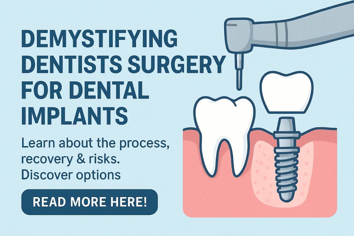 A dentist in their surgery, wearing surgical gear and looking at x-rays of a patient's mouth, while pointing to a spot where a dental implant will be placed. No text on the image.