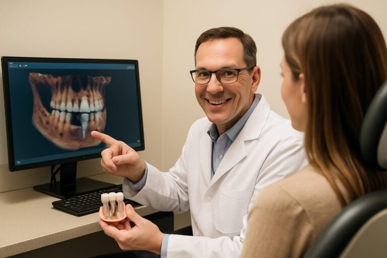 A friendly dentist in Concord, Ohio, is consulting with a patient about dental implant options, using a digital scan on a computer screen to illustrate the implant placement. No text on image.
