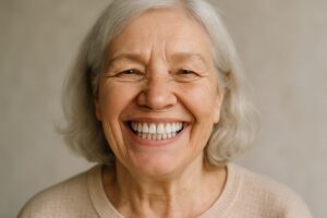 A smiling senior woman is showing off her new full top teeth implants after treatment. No text on image.