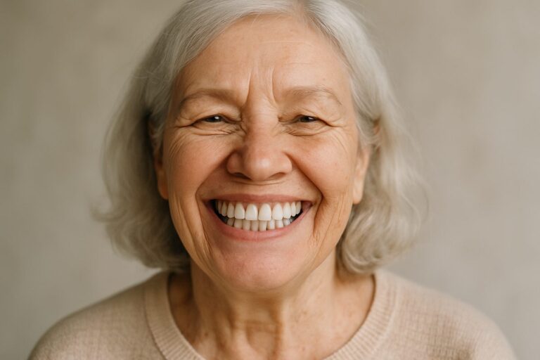 A smiling senior woman is showing off her new full top teeth implants after treatment. No text on image.