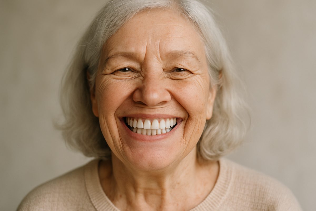 A smiling senior woman is showing off her new full top teeth implants after treatment. No text on image.