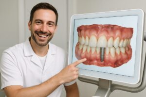 Photo of a dentist smiling while pointing to a digital scan of a patient's mouth with a visible dental implant in the digital rendering. No text on the image.