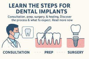 An infographic outlining the eight "steps for dental implants" ranging from consultation to long term maintenance. No text on the image.