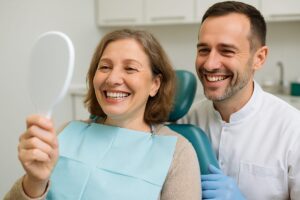 Image of a smiling middle-aged woman in a dental chair, admiring her new set of All-on-4 dental implants in a mirror, with a dentist beside her. No text on image.