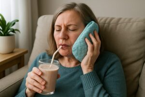 Image of a patient post dental implant surgery, relaxing in a comfortable setting with an ice pack on their cheek, enjoying a soft smoothie. No text on the image.